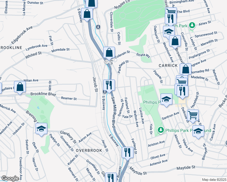 map of restaurants, bars, coffee shops, grocery stores, and more near 2029 Saw Mill Run Boulevard in Pittsburgh