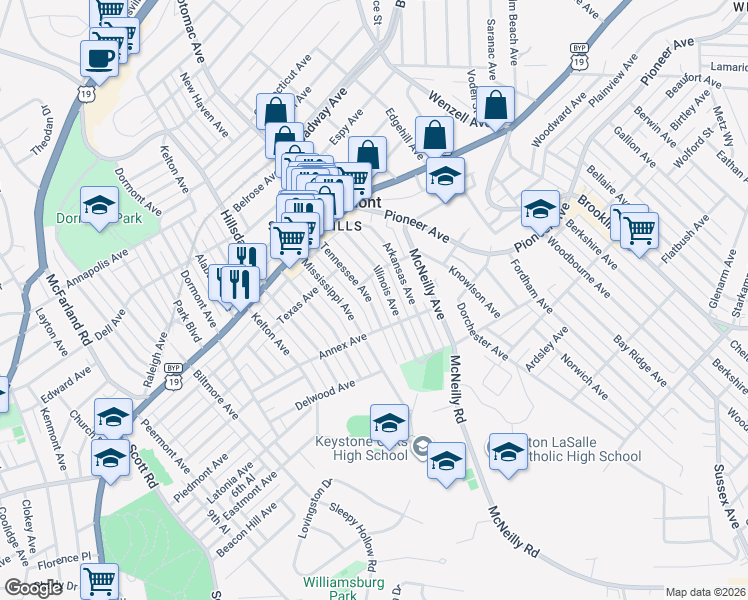 map of restaurants, bars, coffee shops, grocery stores, and more near 1220 Mississippi Avenue in Pittsburgh