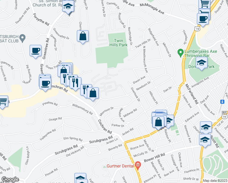 map of restaurants, bars, coffee shops, grocery stores, and more near 366 Newburn Drive in Pittsburgh