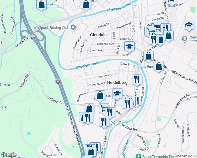 map of restaurants, bars, coffee shops, grocery stores, and more near 525 Lincoln Avenue in Heidelberg