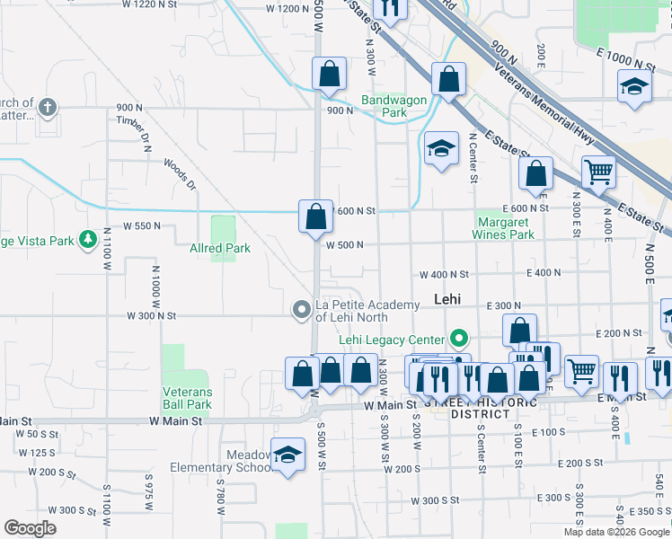 map of restaurants, bars, coffee shops, grocery stores, and more near 430 North 470 West in Lehi
