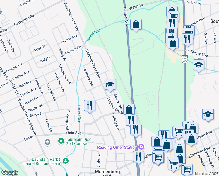 map of restaurants, bars, coffee shops, grocery stores, and more near 3400 Sheidy Avenue in Reading