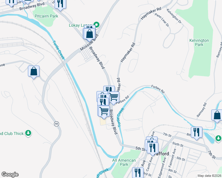 map of restaurants, bars, coffee shops, grocery stores, and more near 4522 Coffey Street in Monroeville