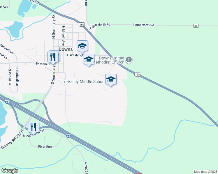 map of restaurants, bars, coffee shops, grocery stores, and more near 505 East Washington Street in Downs