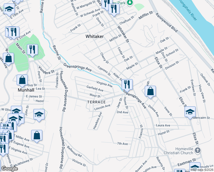 map of restaurants, bars, coffee shops, grocery stores, and more near 3328 Virginia Avenue in West Mifflin