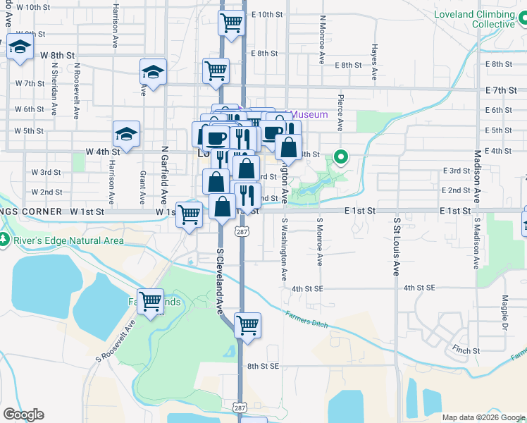 map of restaurants, bars, coffee shops, grocery stores, and more near 2 South Jefferson Avenue in Loveland
