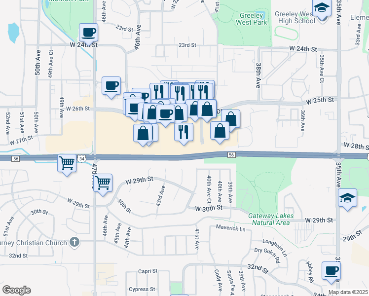 map of restaurants, bars, coffee shops, grocery stores, and more near 4318 Centerplace Drive in Greeley