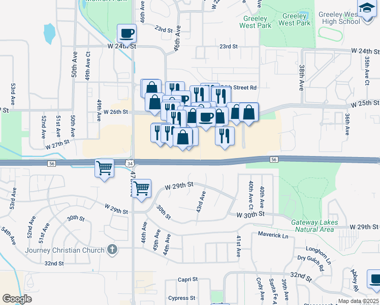 map of restaurants, bars, coffee shops, grocery stores, and more near 4514 Centerplace Drive in Greeley