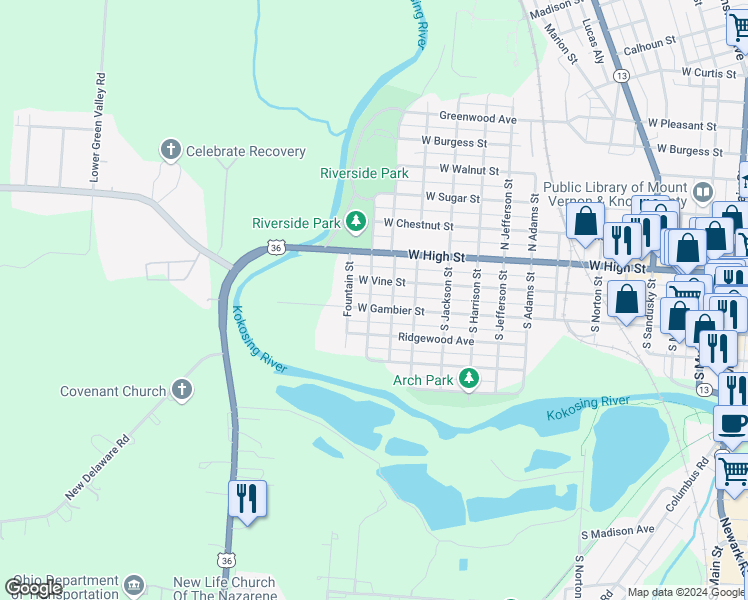map of restaurants, bars, coffee shops, grocery stores, and more near 907 West Gambier Street in Mount Vernon