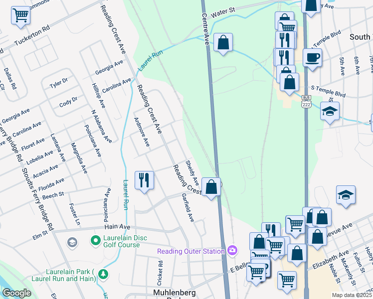 map of restaurants, bars, coffee shops, grocery stores, and more near 3415 Sheidy Avenue in Reading