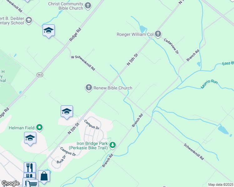 map of restaurants, bars, coffee shops, grocery stores, and more near 246 West Schwenkmill Road in Perkasie