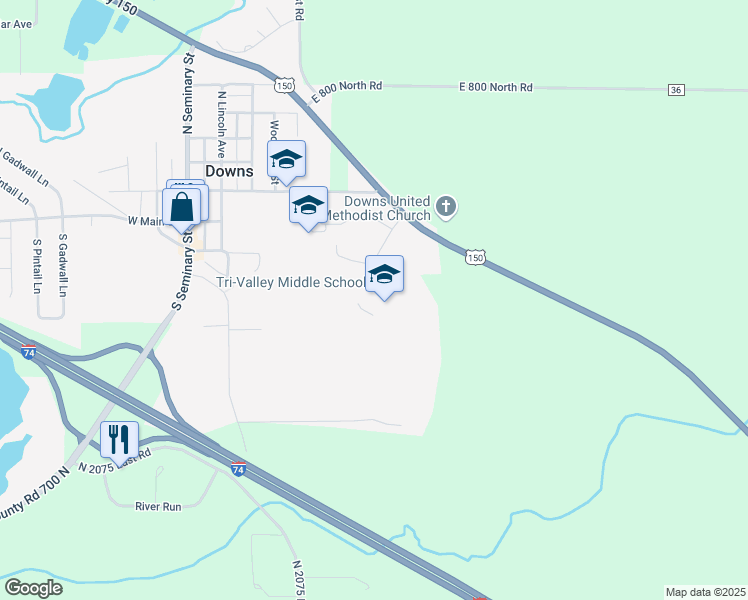 map of restaurants, bars, coffee shops, grocery stores, and more near 505 East Washington Street in Downs