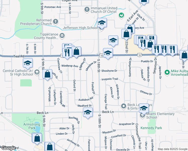 map of restaurants, bars, coffee shops, grocery stores, and more near 2437 Foxhall Drive in Lafayette