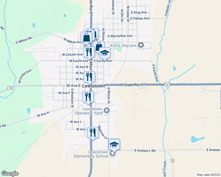 map of restaurants, bars, coffee shops, grocery stores, and more near 609 South Illinois Street in Lewistown