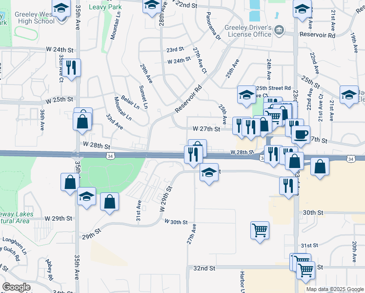 map of restaurants, bars, coffee shops, grocery stores, and more near in Greeley