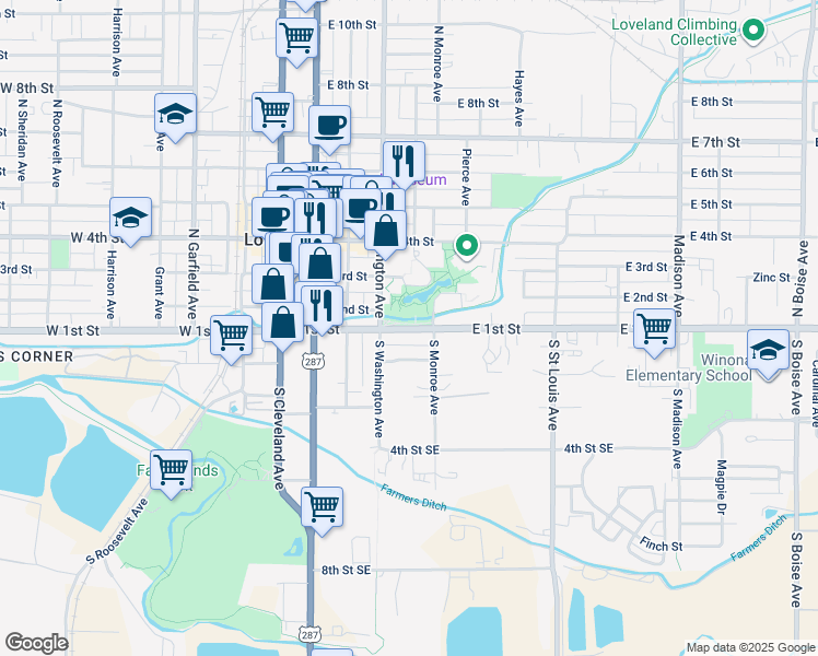 map of restaurants, bars, coffee shops, grocery stores, and more near 322 Adams Avenue in Loveland