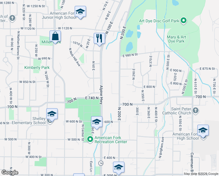 map of restaurants, bars, coffee shops, grocery stores, and more near 836 North 100 East in American Fork