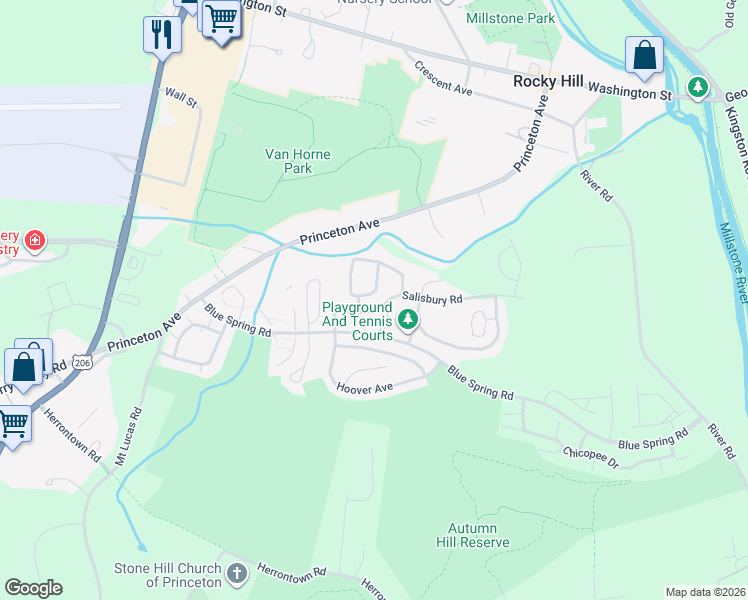map of restaurants, bars, coffee shops, grocery stores, and more near 135 Castleton Road in Princeton