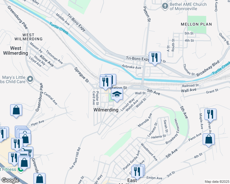 map of restaurants, bars, coffee shops, grocery stores, and more near 354 Station Street in Wilmerding