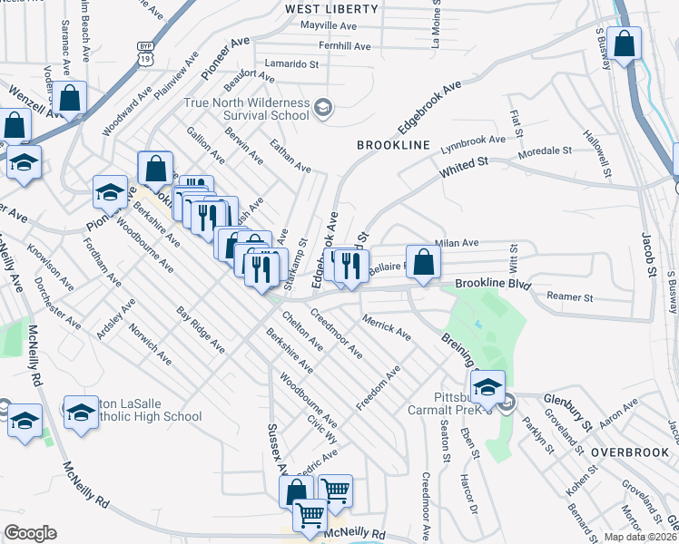 map of restaurants, bars, coffee shops, grocery stores, and more near 2321 Edgebrook Avenue in Pittsburgh