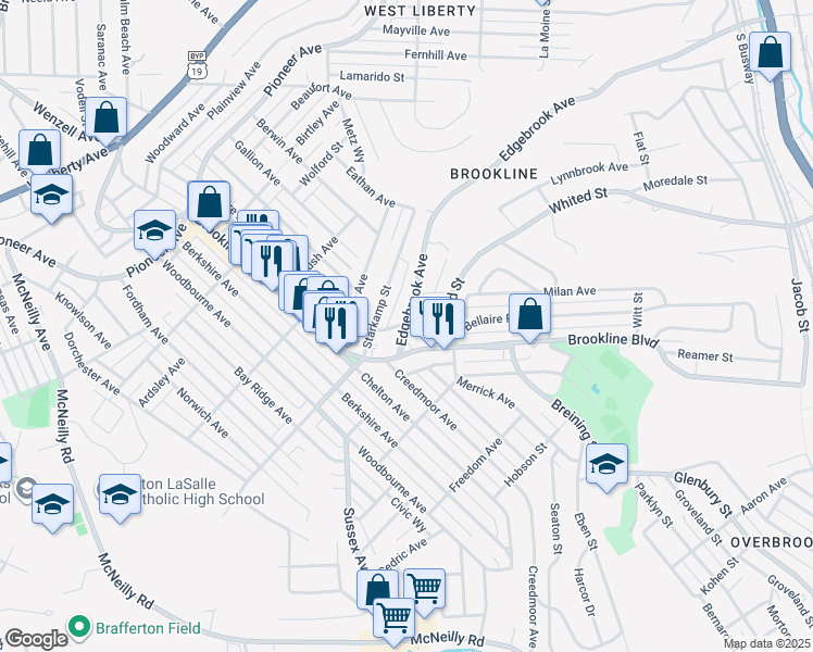 map of restaurants, bars, coffee shops, grocery stores, and more near 2321 Edgebrook Avenue in Pittsburgh