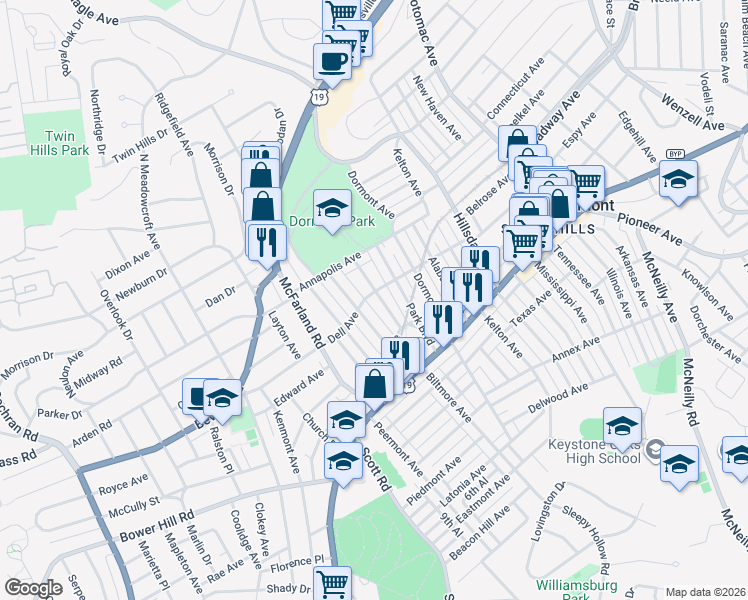 map of restaurants, bars, coffee shops, grocery stores, and more near in Dormont