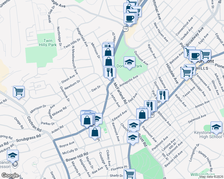 map of restaurants, bars, coffee shops, grocery stores, and more near 1612 McFarland Road in Pittsburgh