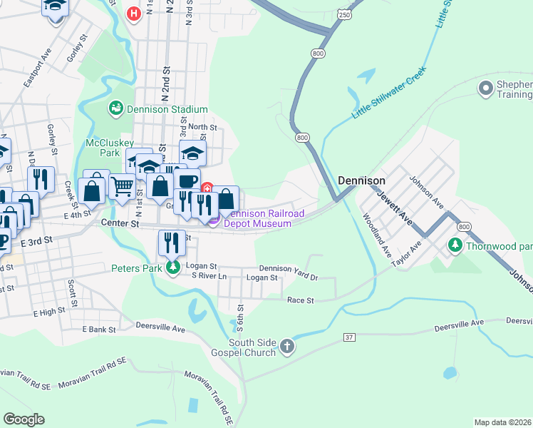 map of restaurants, bars, coffee shops, grocery stores, and more near 705 Grant Street in Dennison