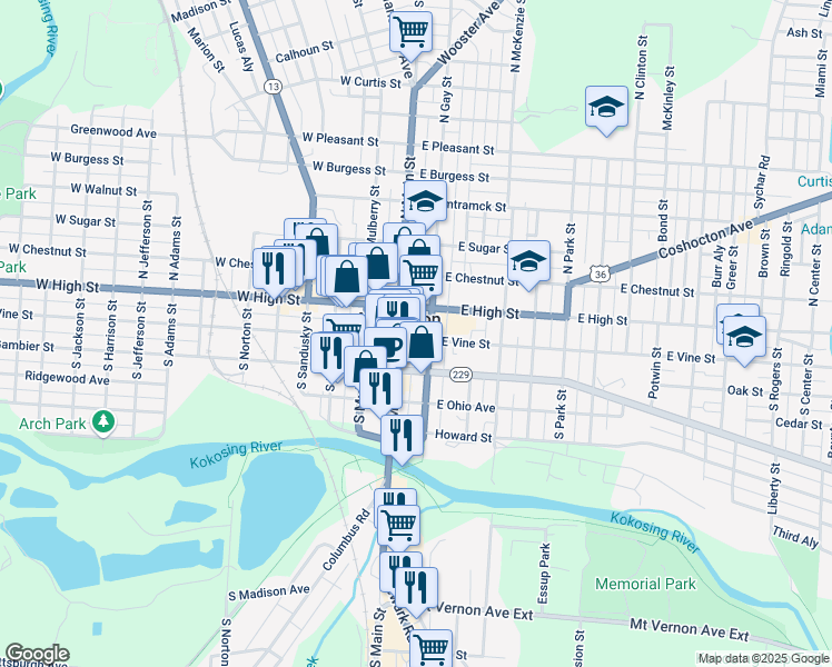 map of restaurants, bars, coffee shops, grocery stores, and more near in Mount Vernon