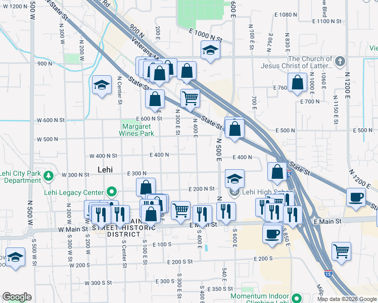 map of restaurants, bars, coffee shops, grocery stores, and more near 365 East 400 North in Lehi