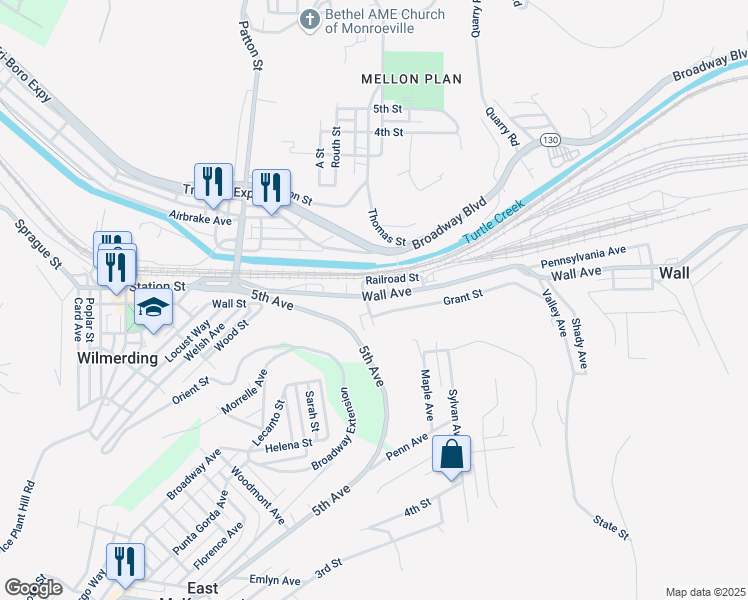 map of restaurants, bars, coffee shops, grocery stores, and more near 204 Wall Avenue in Wall