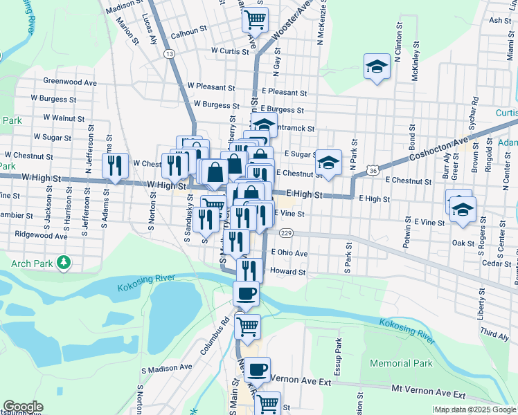 map of restaurants, bars, coffee shops, grocery stores, and more near in Mount Vernon