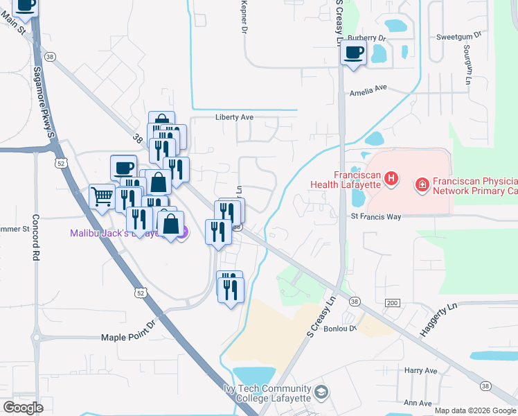 map of restaurants, bars, coffee shops, grocery stores, and more near 3715-3721 Redbud Avenue in Lafayette