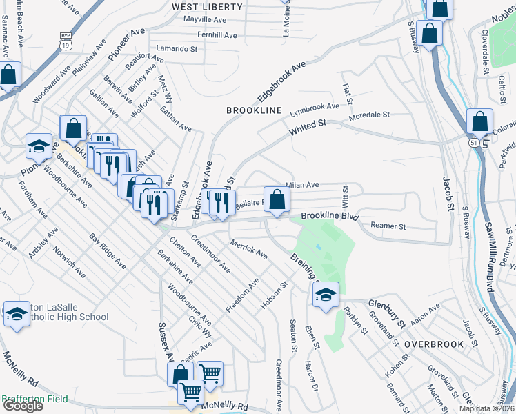 map of restaurants, bars, coffee shops, grocery stores, and more near 1232 Milan Avenue in Pittsburgh