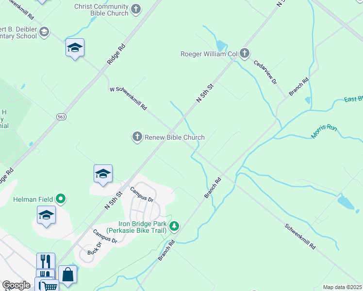 map of restaurants, bars, coffee shops, grocery stores, and more near 246 West Schwenkmill Road in Perkasie
