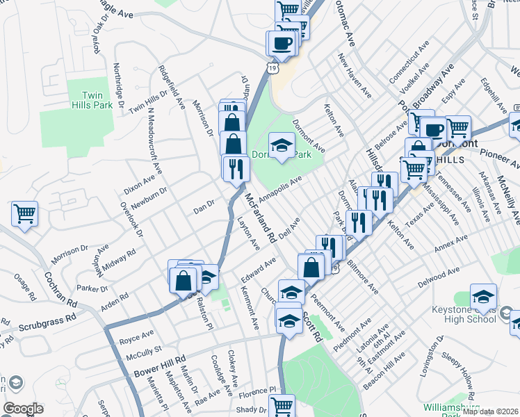 map of restaurants, bars, coffee shops, grocery stores, and more near 1601 Memorial Drive in Dormont