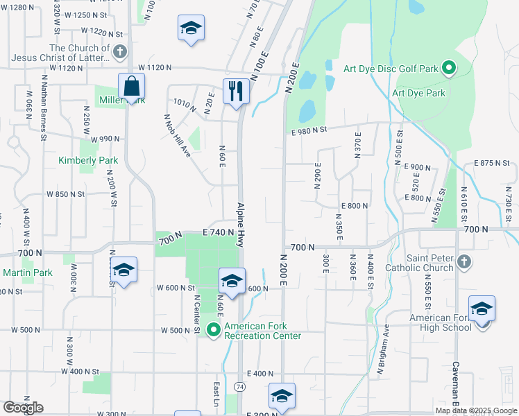 map of restaurants, bars, coffee shops, grocery stores, and more near 793 North 150 East in American Fork