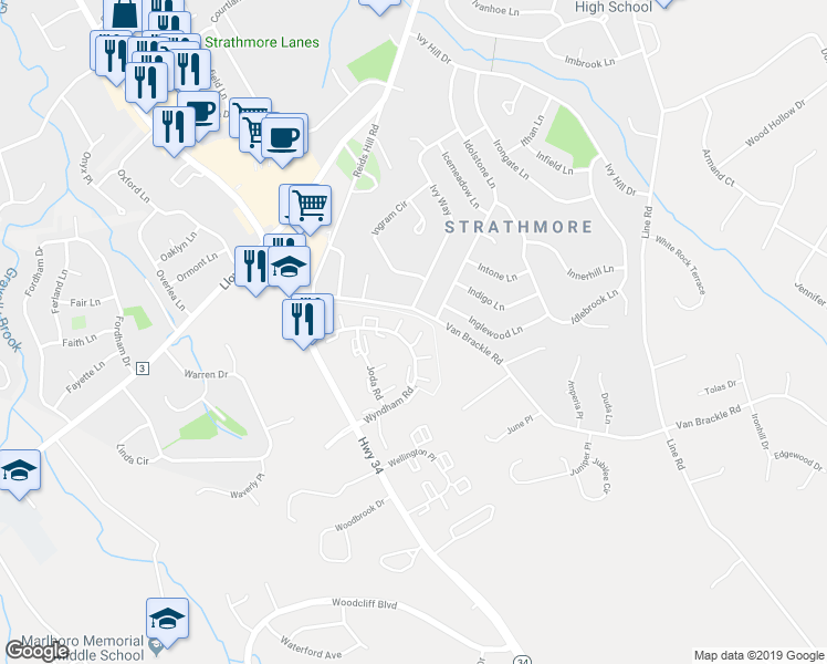 map of restaurants, bars, coffee shops, grocery stores, and more near 121 Dumbarton Hill Court in Matawan