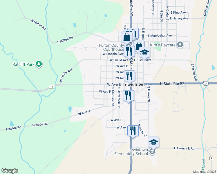 map of restaurants, bars, coffee shops, grocery stores, and more near 500-598 South Monroe Street in Lewistown