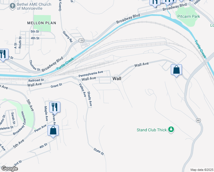 map of restaurants, bars, coffee shops, grocery stores, and more near in Wall