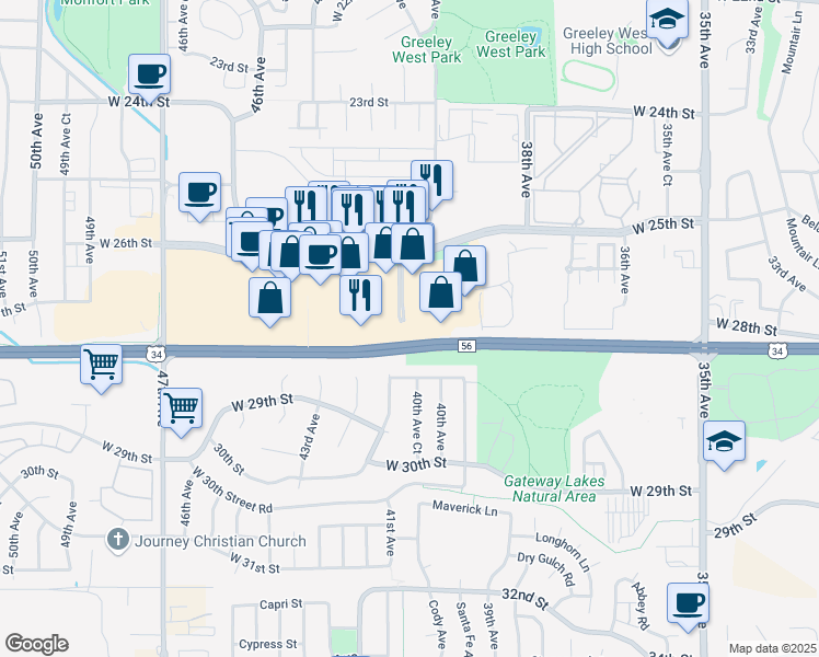 map of restaurants, bars, coffee shops, grocery stores, and more near 4214 Centerplace Drive in Greeley