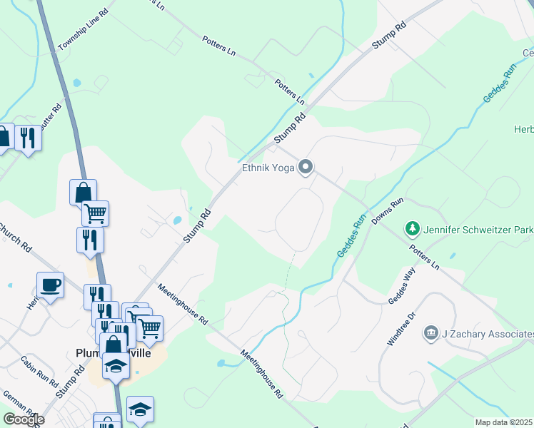 map of restaurants, bars, coffee shops, grocery stores, and more near 5761 Nash Drive in Plumsteadville