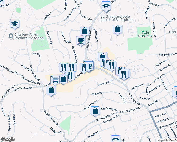 map of restaurants, bars, coffee shops, grocery stores, and more near 1717 Cochran Road in Pittsburgh