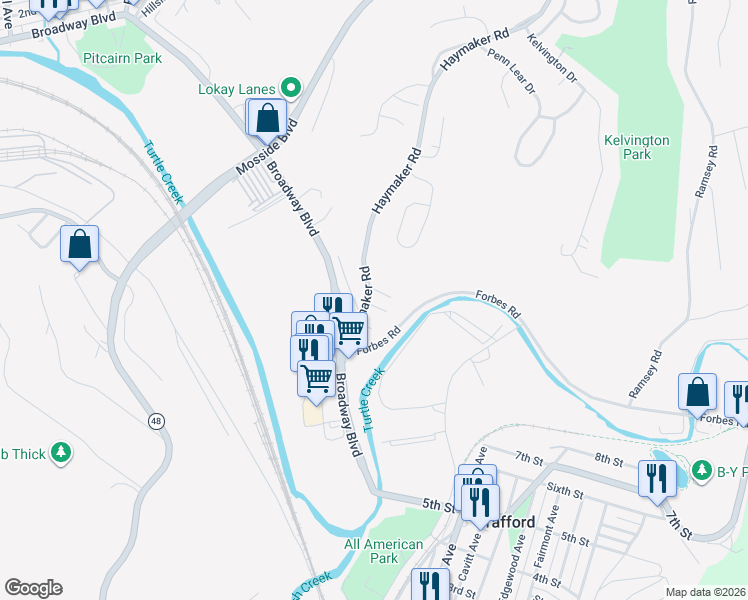 map of restaurants, bars, coffee shops, grocery stores, and more near 1880 Haymaker Road in Monroeville
