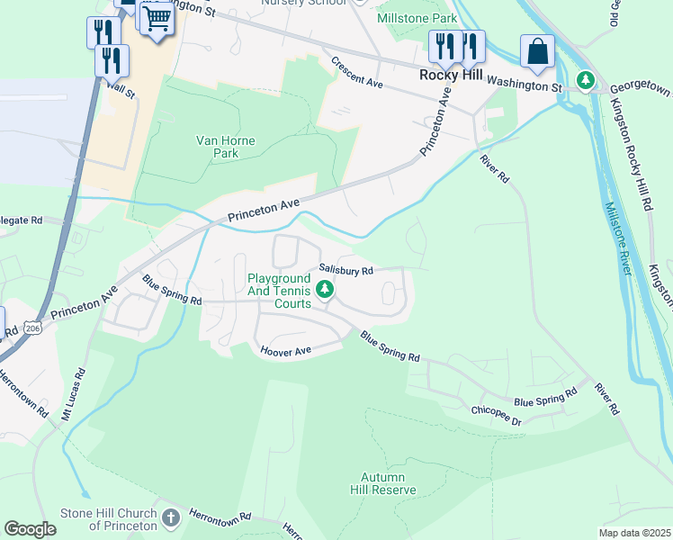 map of restaurants, bars, coffee shops, grocery stores, and more near Salisbury Rd & Taft Ct in Princeton