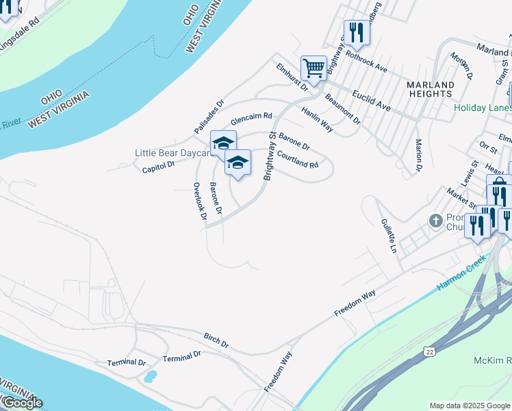 map of restaurants, bars, coffee shops, grocery stores, and more near 4025 Bright Way Street in Weirton