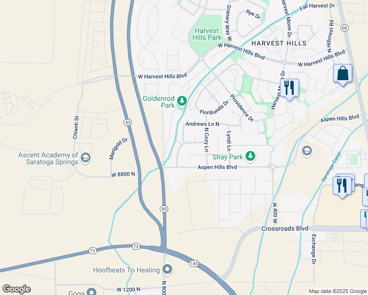 map of restaurants, bars, coffee shops, grocery stores, and more near 1692 North Sage Lane in Saratoga Springs