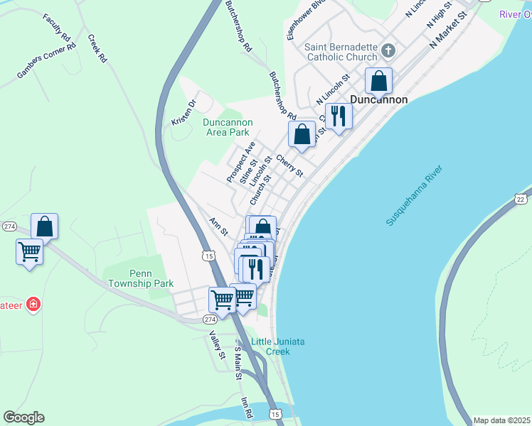 map of restaurants, bars, coffee shops, grocery stores, and more near 222 North High Street in Duncannon