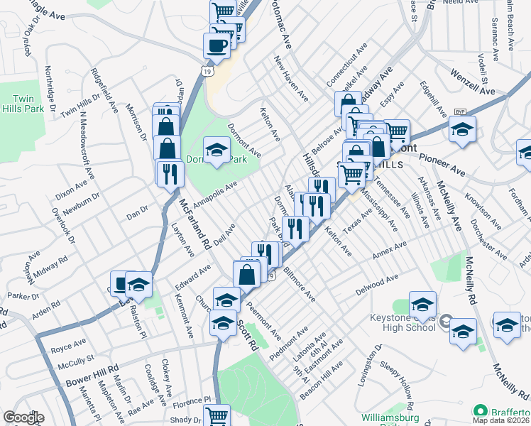 map of restaurants, bars, coffee shops, grocery stores, and more near 1479 Park Boulevard in Pittsburgh