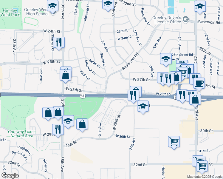 map of restaurants, bars, coffee shops, grocery stores, and more near 2715 Sunset Lane in Greeley
